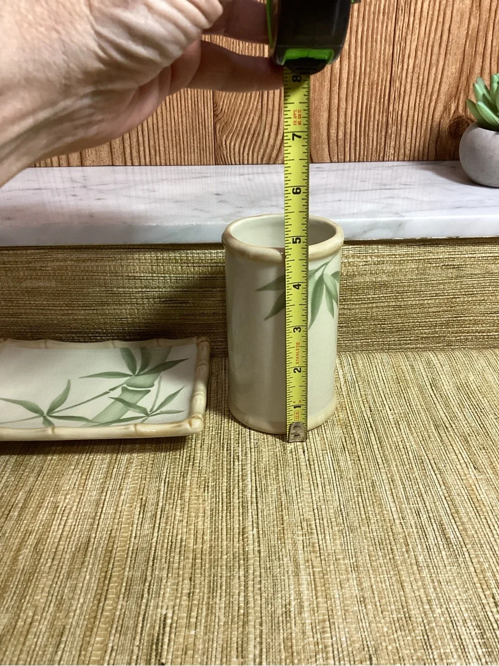 Vintage Croscill Bamboo Motif Ceramic Soap Dish and Cup - Green on Cream